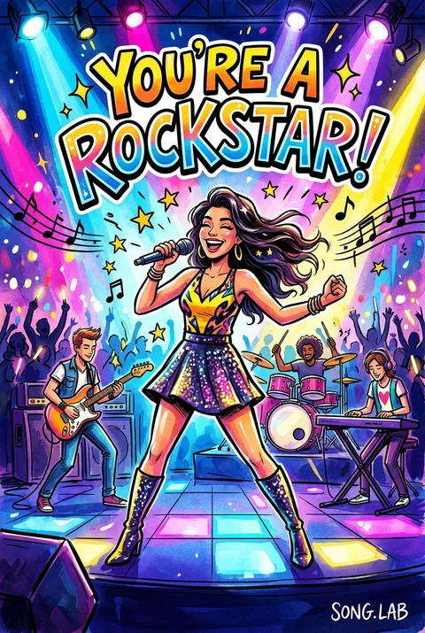 Открытка к песне «Уже выезжаю!»: певица на сцене и надпись You’re a Rockstar